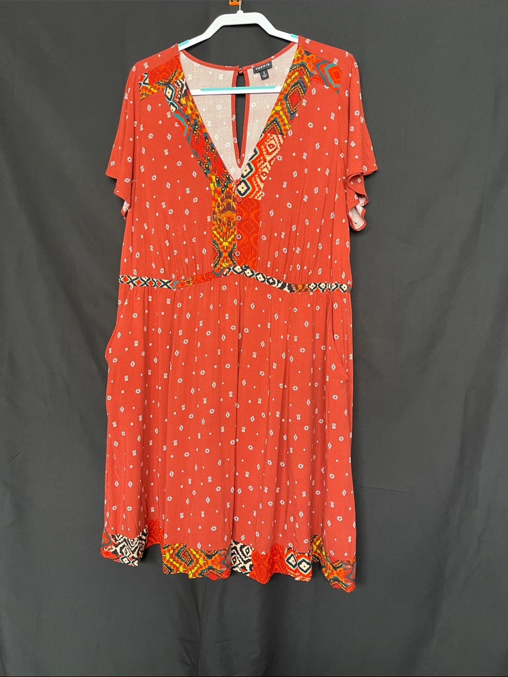 Torrid Rust Red V-Neck Midi Dress with Decorative Trim